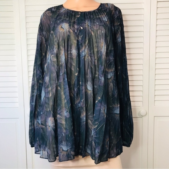 VINCE Lazuli Deco Floral Pleated Blouse Size XXL - Picture 3 of 13